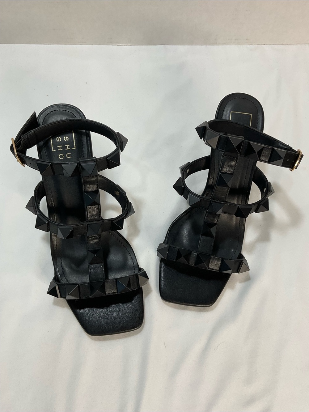 ShuShop Black Studded Triple-Strap Block Heel Sandals